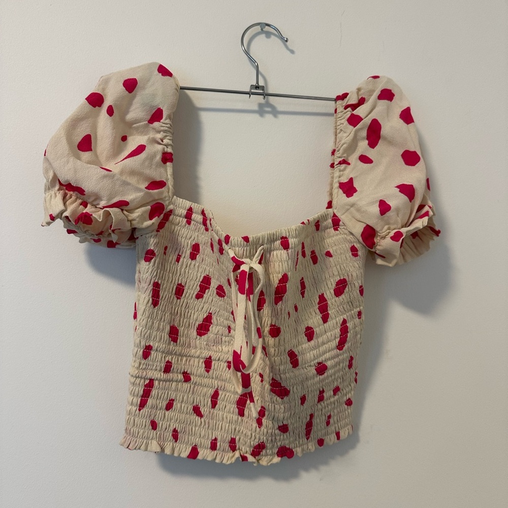 Wilfred Crepette Puff Sleeve Crop Top with Pink Animal Detail - Size XS